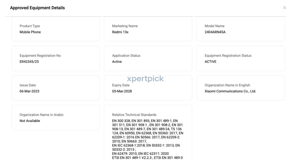 Redmi 13x TDRA certified