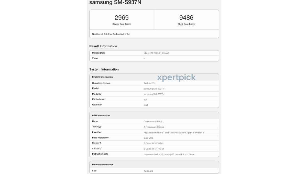 Samsung Galaxy S25 Edge South Korean variant on Geekbench